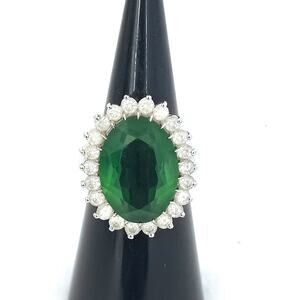 Sterling Silver Emerald Green Oval Halo White Rhinestone Ring Size 5.25 Vintage